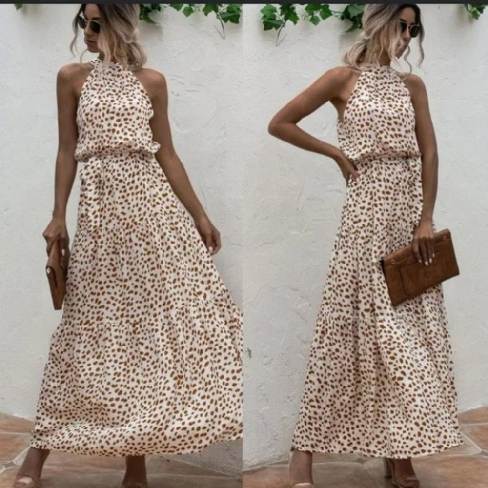 Dalmatian Print Ruffle Hem Belted Halter Dress - Picture 5 of 9